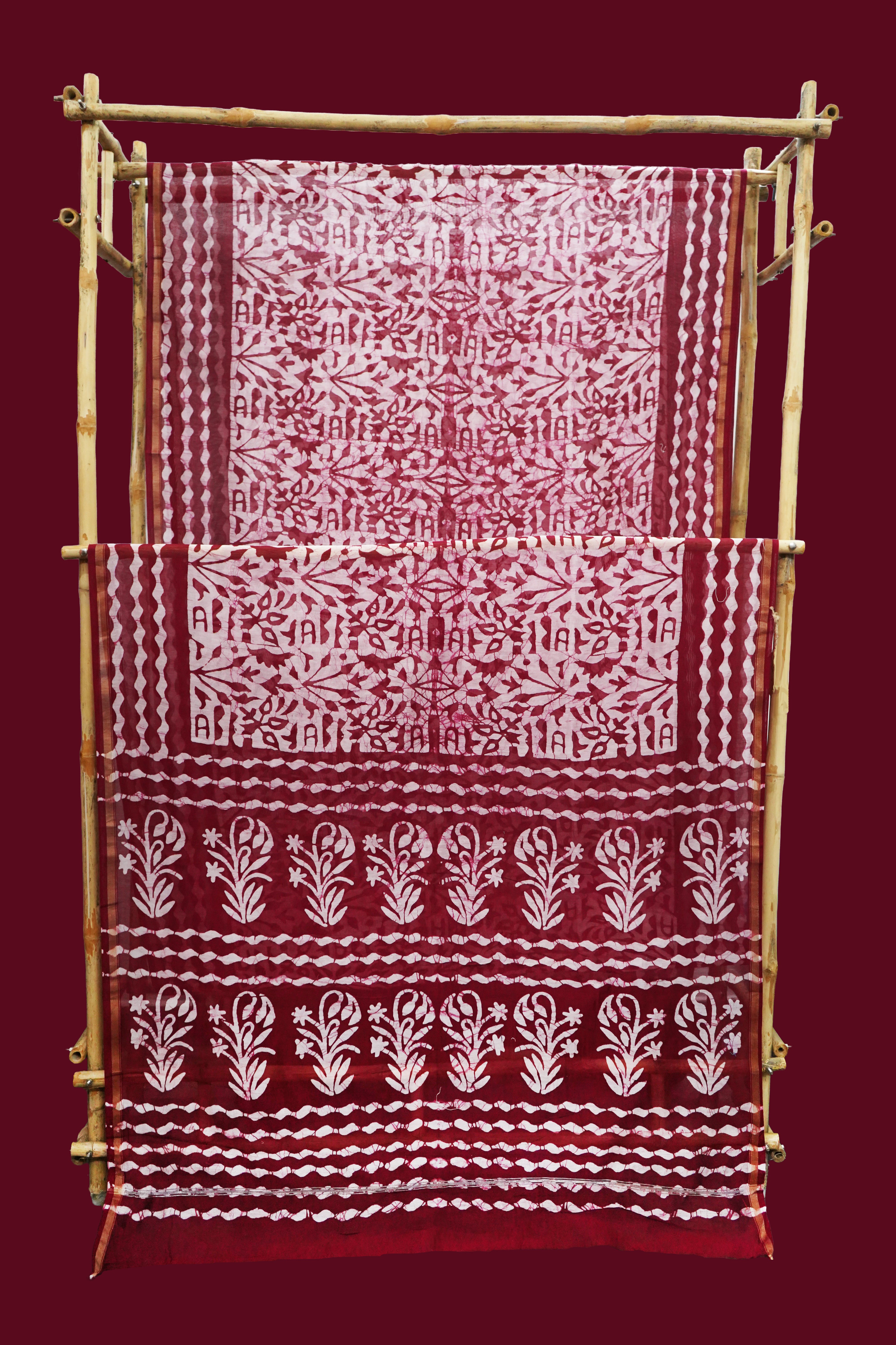 Elegant Maroon & White Batik Print Chanderi Cotton Silk Saree with Blouse Piece