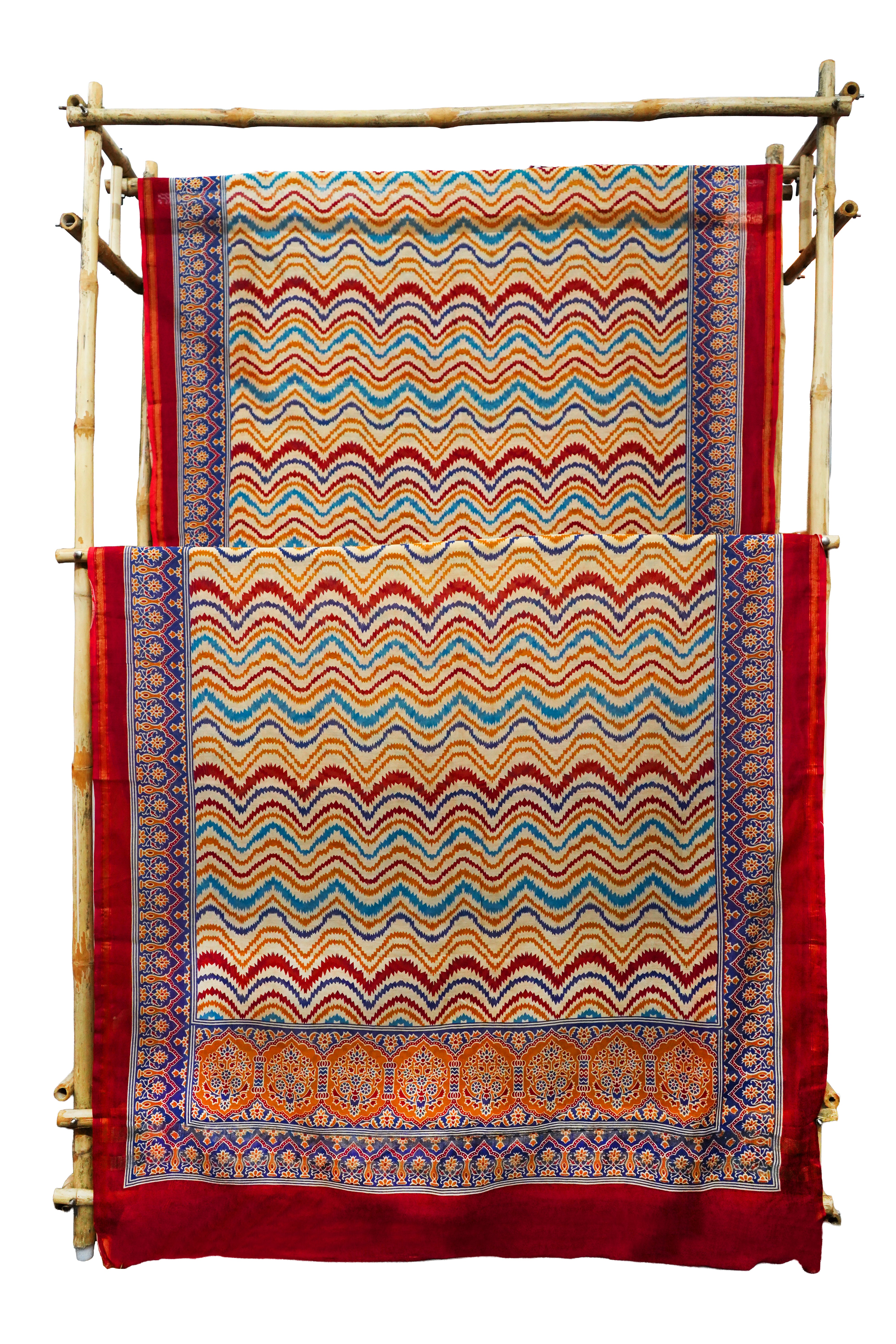 Vibrant Multicolor Zig-Zag Block Print Chanderi Cotton Silk Saree with Blouse Piece