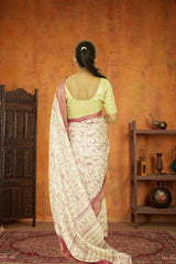 Bamboo Silk Saree – Bheel Print , Rose White