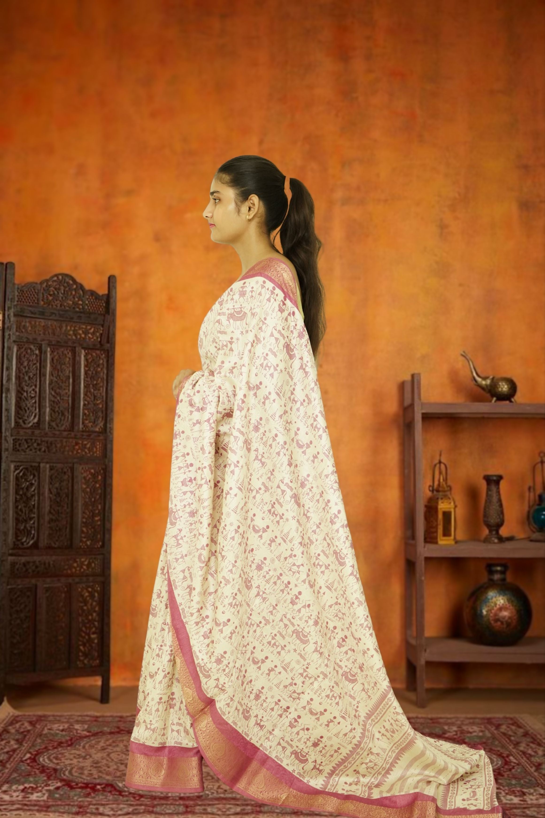 Bamboo Silk Saree – Bheel Print , Rose White