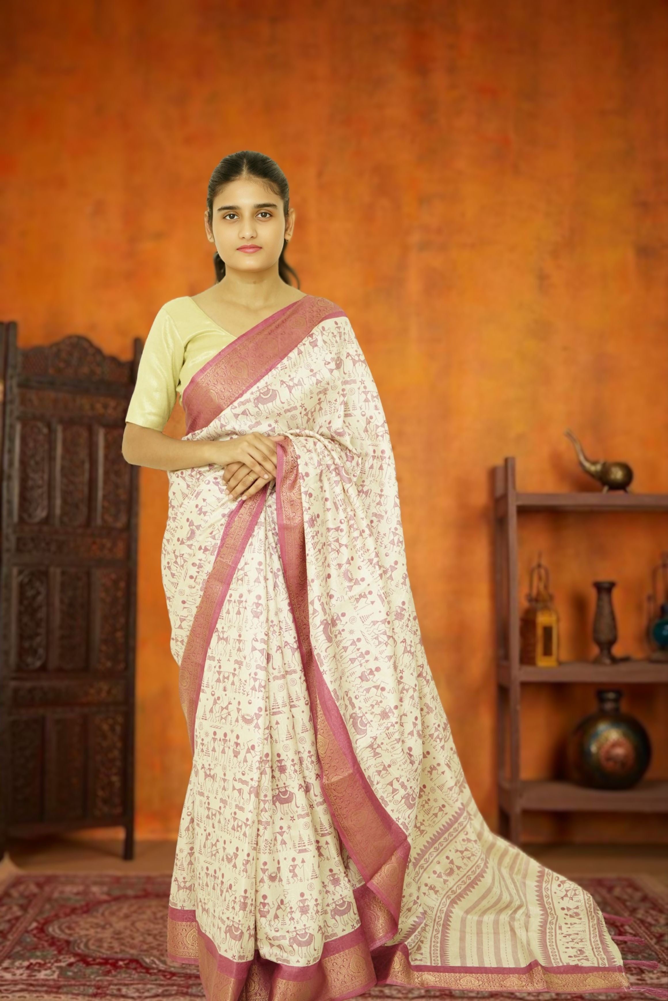 Bamboo Silk Saree – Bheel Print , Rose White