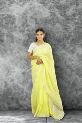 Maheshwari Meena Buti SilkCotton Saree -Lime Yellow | Glossy Ethnic Weave