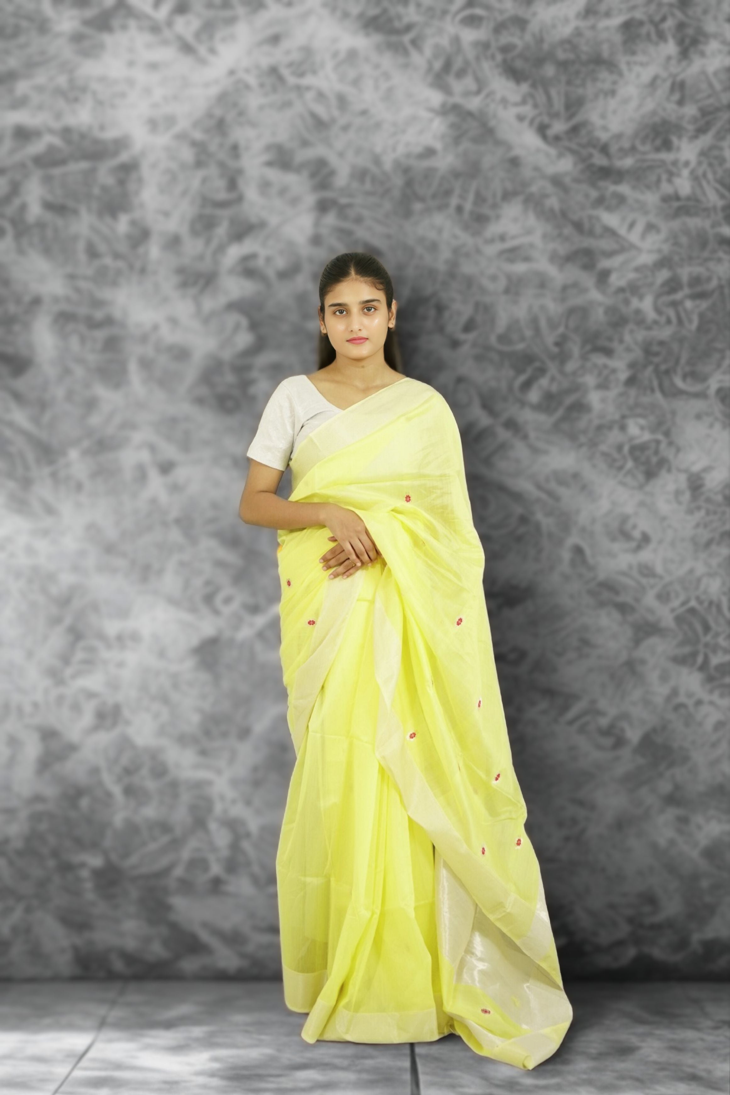 Maheshwari Meena Buti SilkCotton Saree -Lime Yellow | Glossy Ethnic Weave