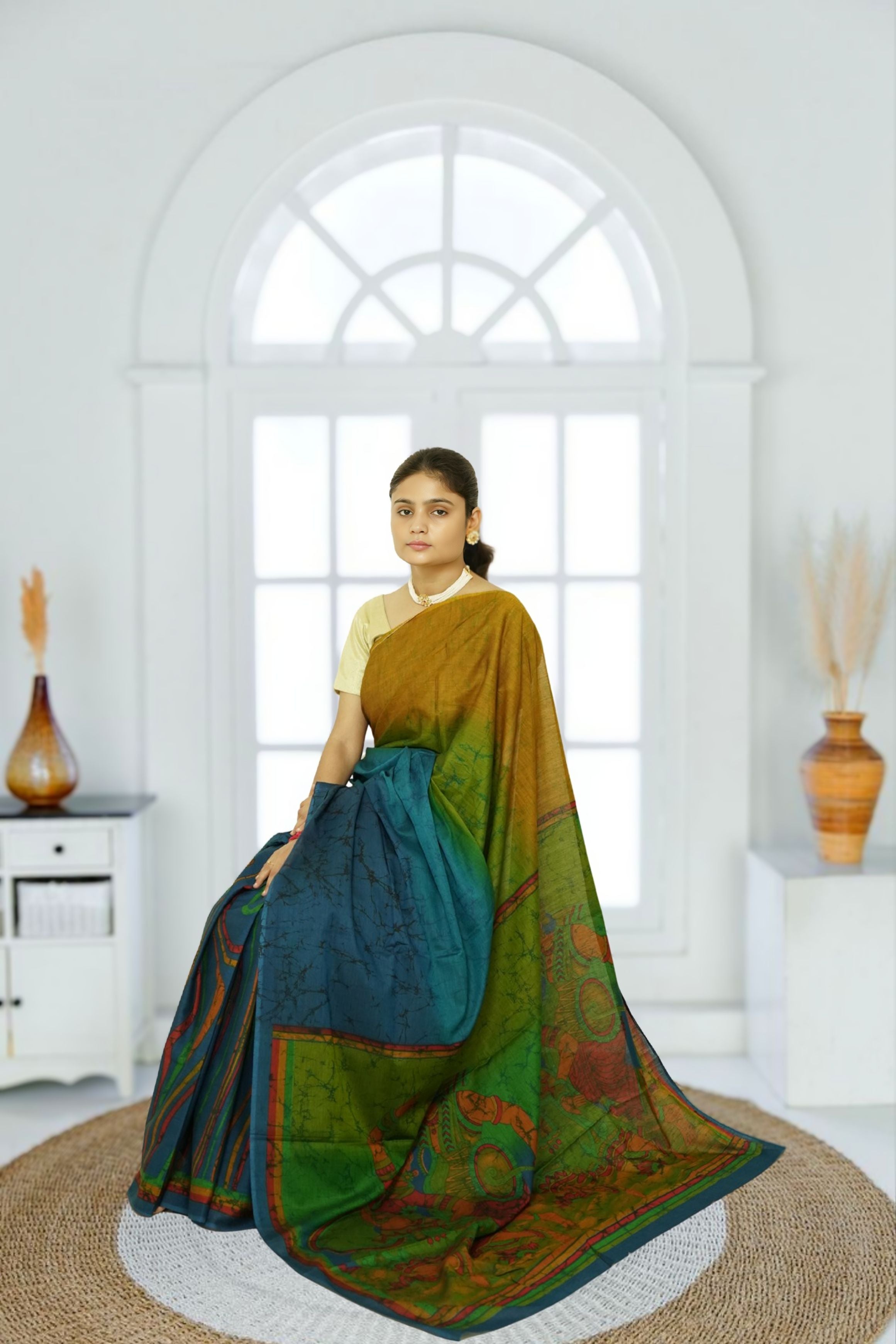 Ranipur Voile Cotton Saree – Blue & Green