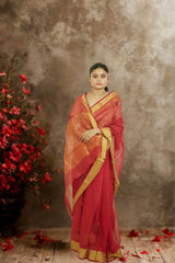 Chanderi Silk Cotton Saree – Red | Glossy Ethnic Weave