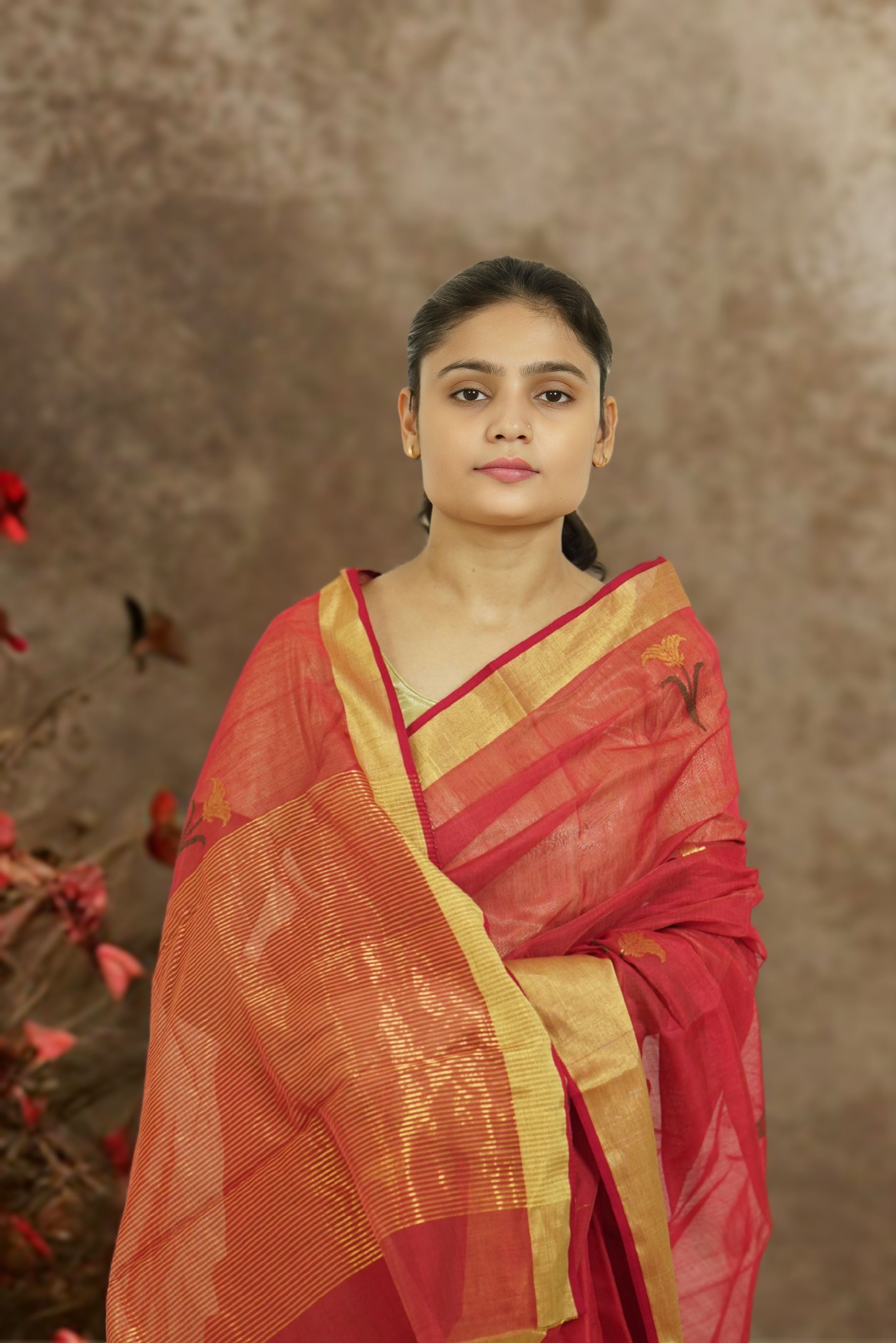 Chanderi Silk Cotton Saree – Red | Glossy Ethnic Weave