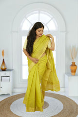 Chanderi Silk Cotton Saree – Lime Green | Glossy Ethnic Weave