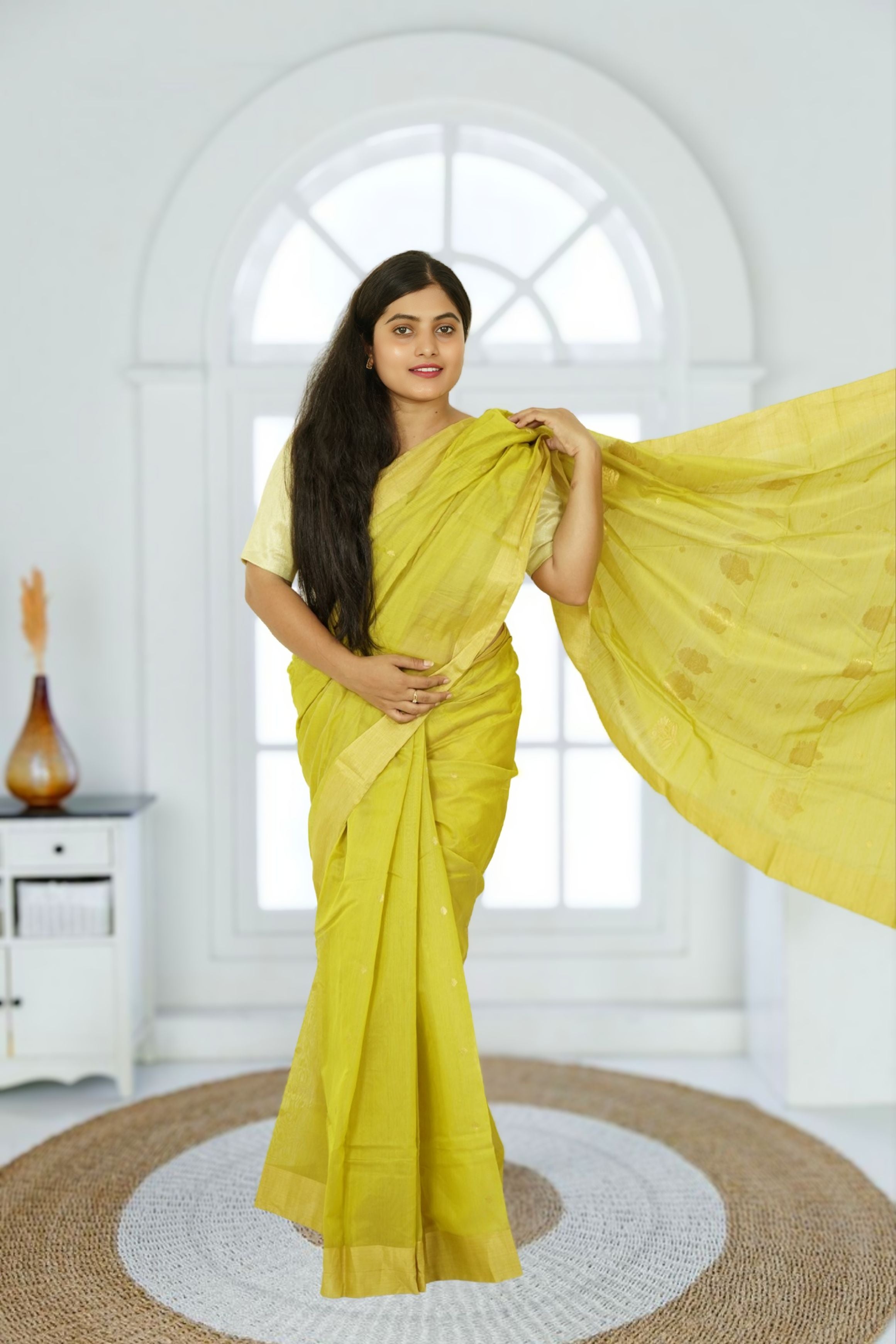 Chanderi Silk Cotton Saree – Lime Green | Glossy Ethnic Weave