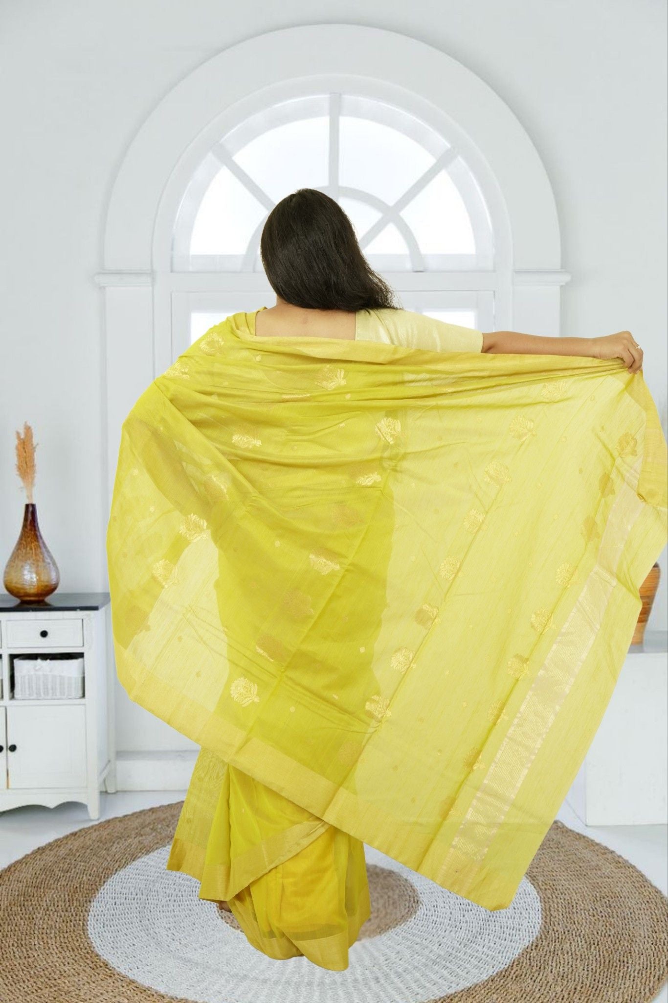 Chanderi Silk Cotton Saree – Lime Green | Glossy Ethnic Weave