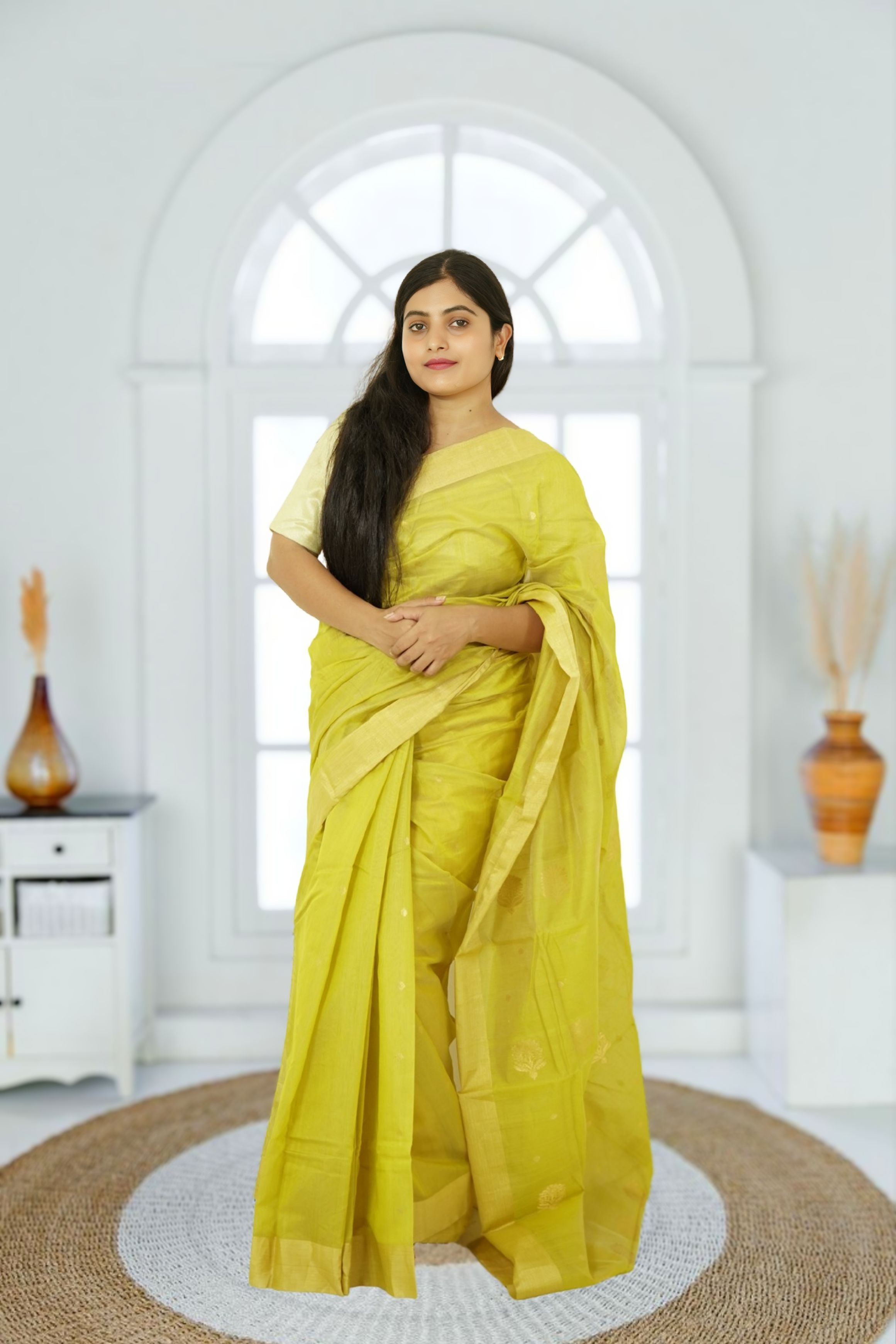 Chanderi Silk Cotton Saree – Lime Green | Glossy Ethnic Weave
