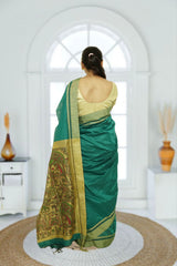 Cotton Silk Madhubani Pallu Saree- Teal Green