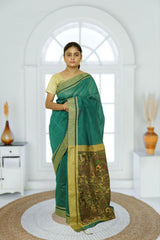 Cotton Silk Madhubani Pallu Saree- Teal Green