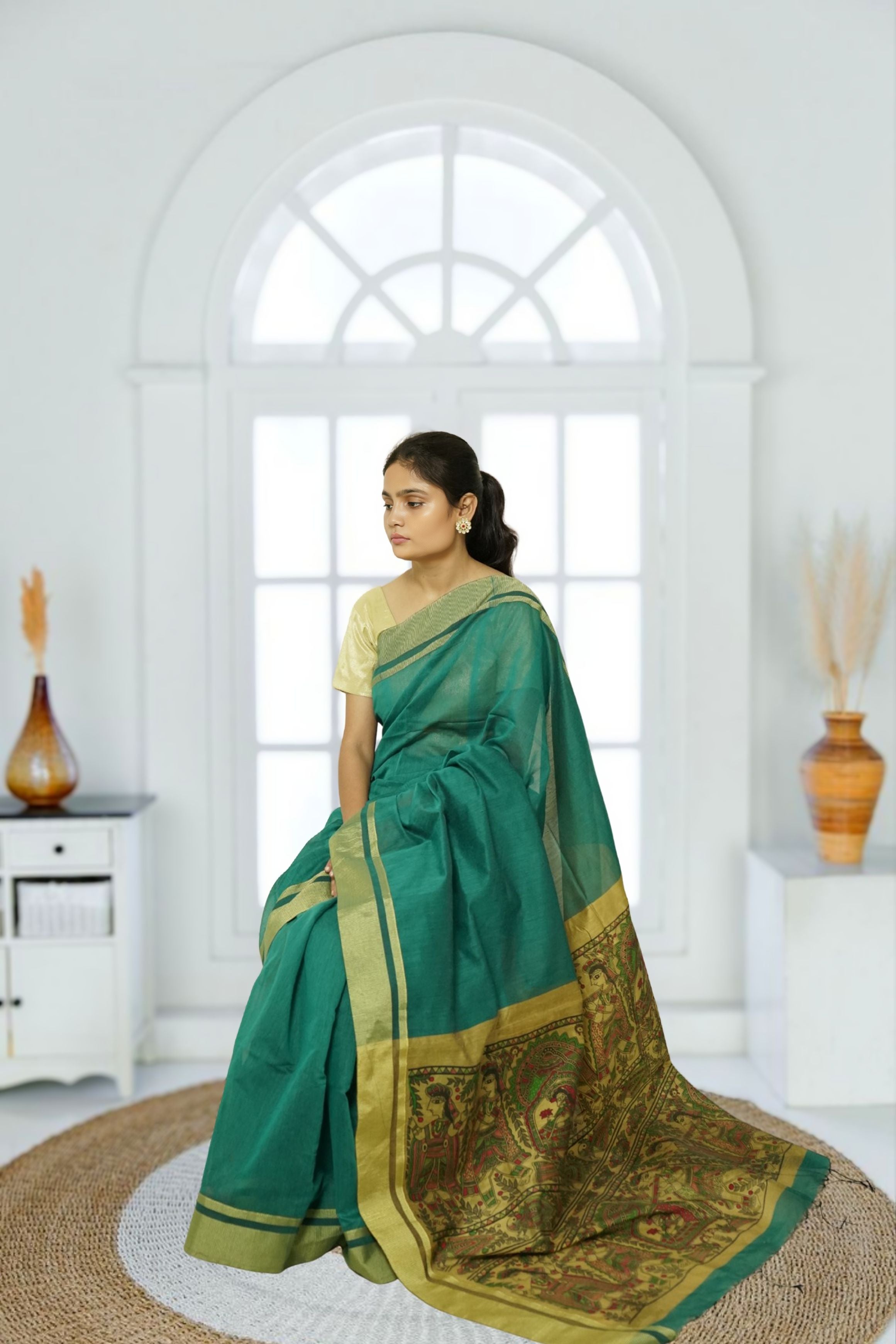 Cotton Silk Madhubani Pallu Saree- Teal Green