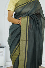Madhubani Pallu Cotton Silk Saree – Greenish Grey