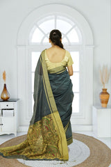 Madhubani Pallu Cotton Silk Saree – Greenish Grey