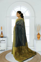 Madhubani Pallu Cotton Silk Saree – Greenish Grey