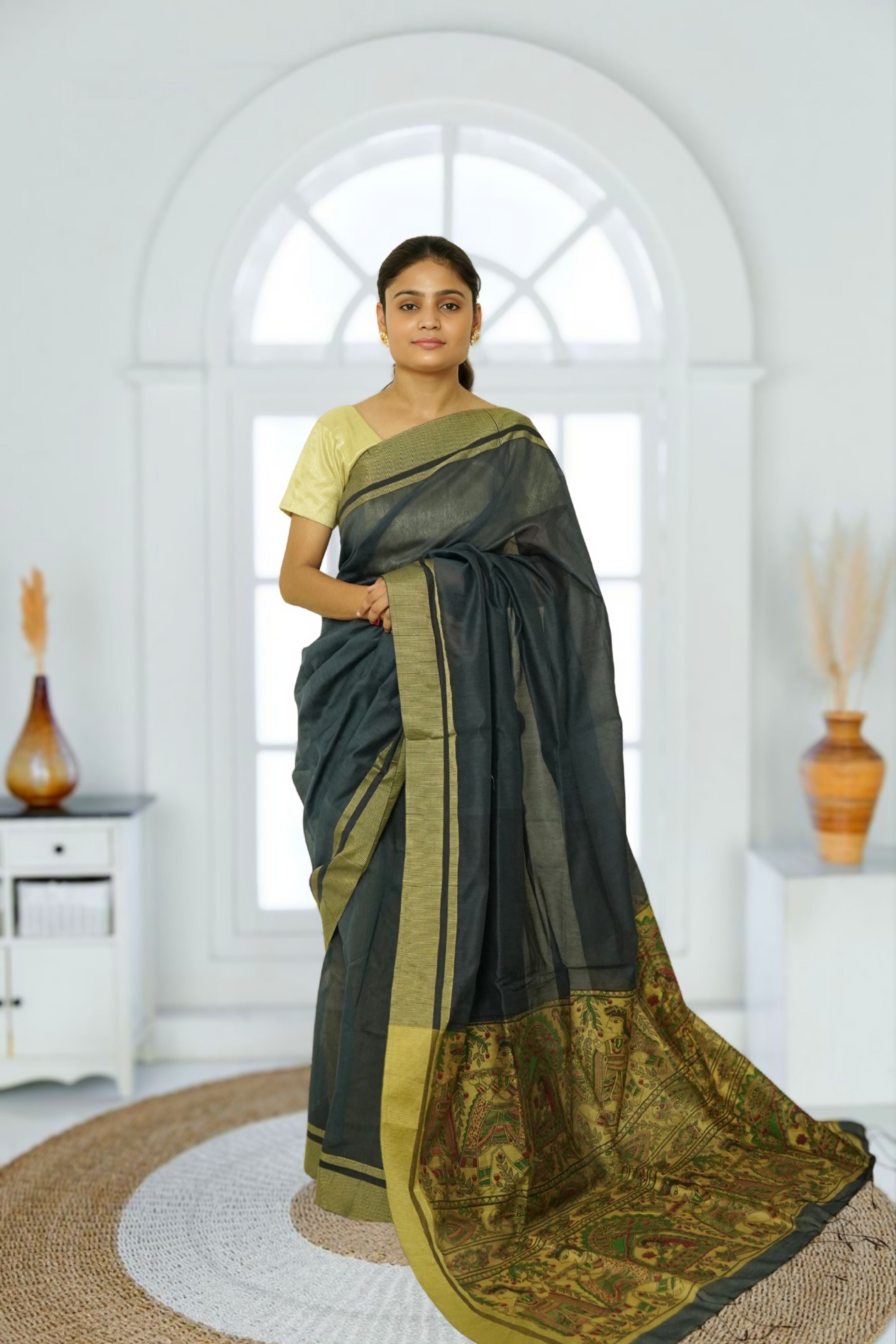 Madhubani Pallu Cotton Silk Saree – Greenish Grey