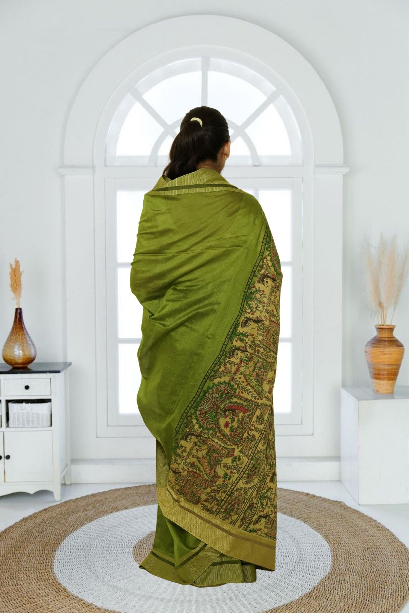 Madhubani Pallu Cotton Silk Cotton Silk Saree- Moss Green
