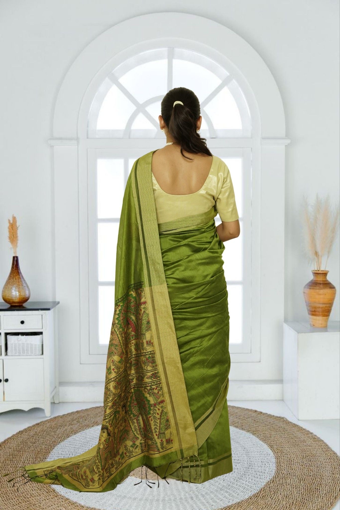 Madhubani Pallu Cotton Silk Cotton Silk Saree- Moss Green