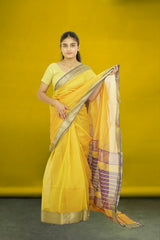 Elegant Maheshwari Silk Cotton Saree – Yellow | Traditional Handloom Weave