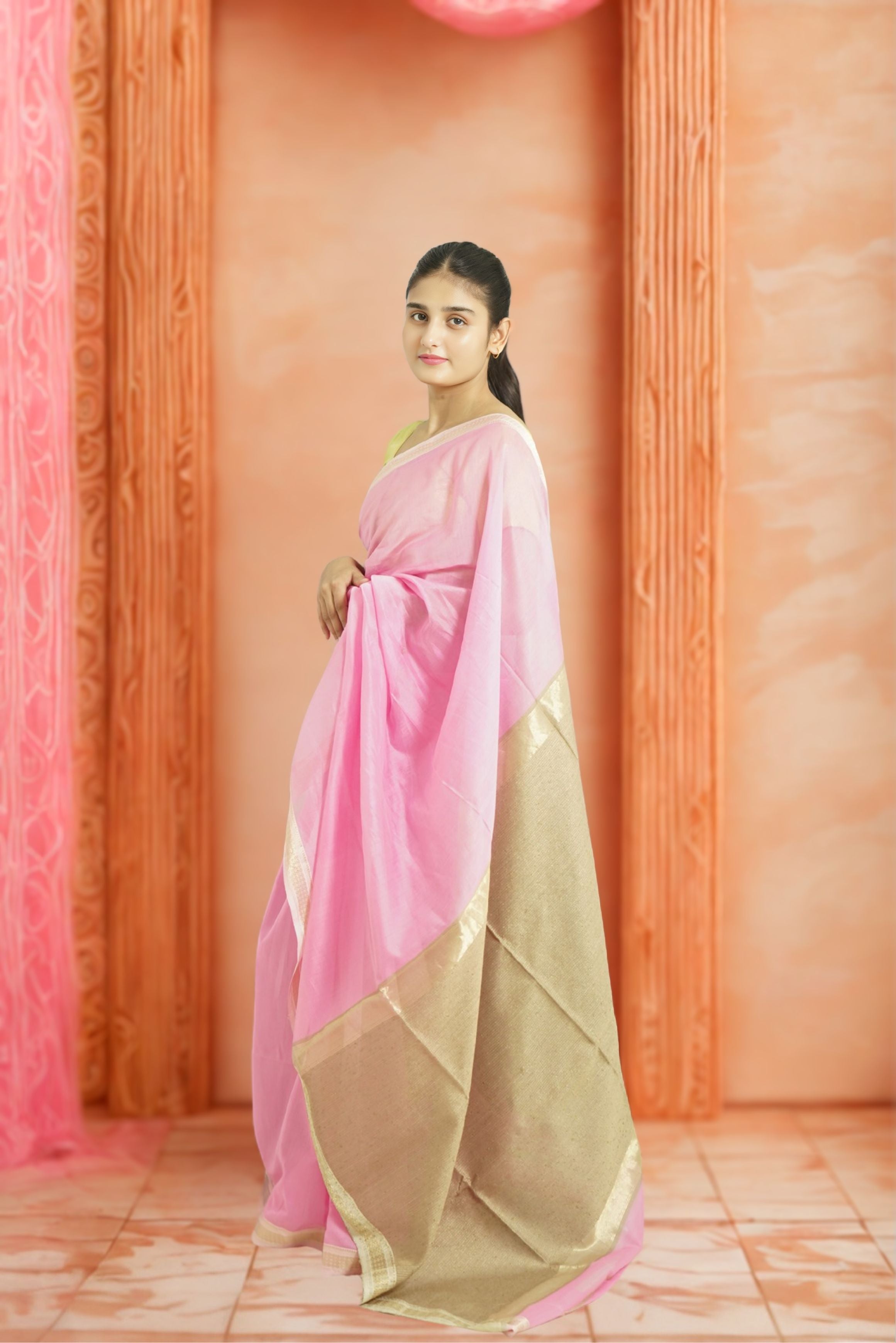 Maheshwari Silk Cotton Saree – Light Pink | Traditional handloom Weave