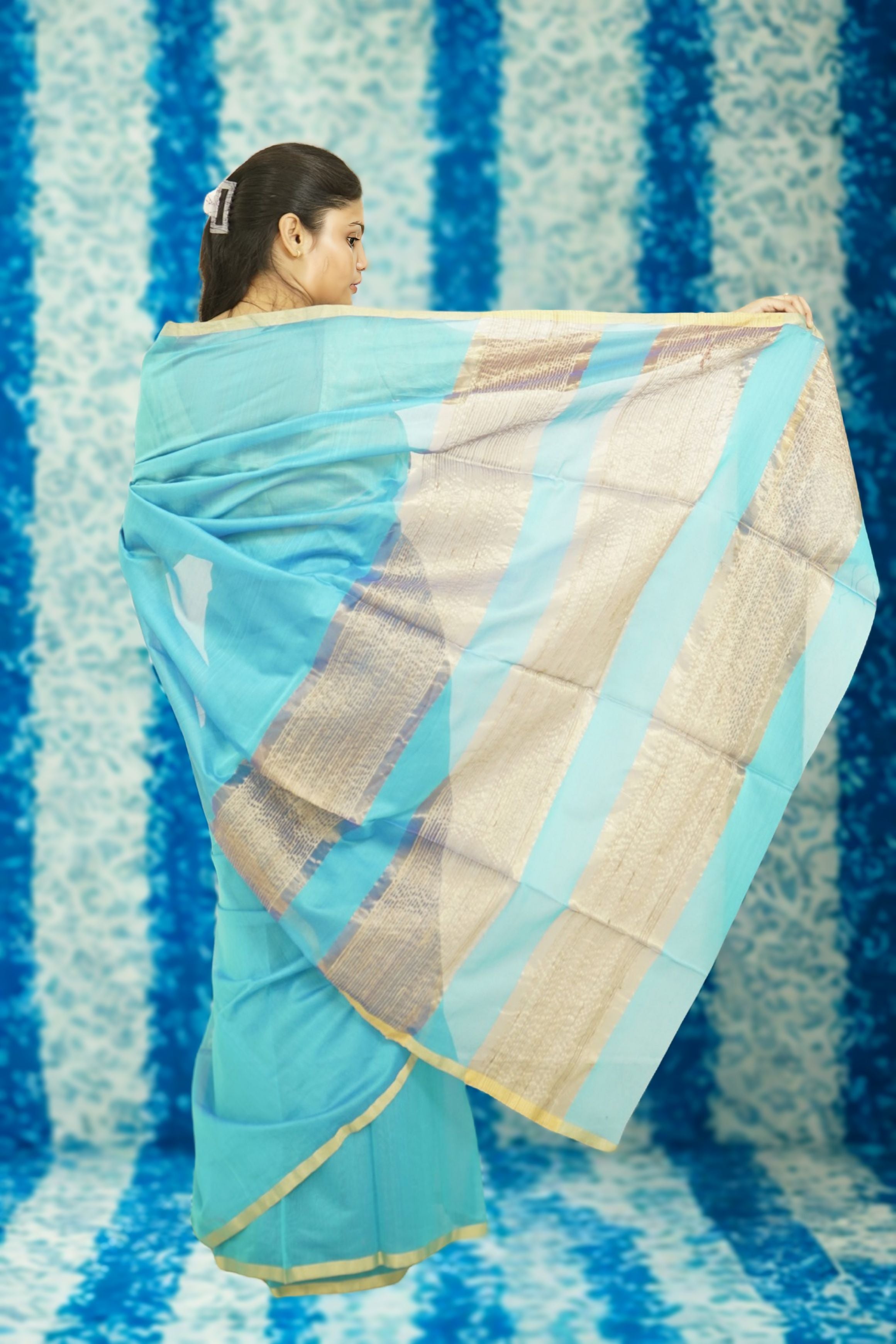 Maheshwari Kosa Pallu Silk Cotton Saree – Sky Blue | Traditional Handloom Weave