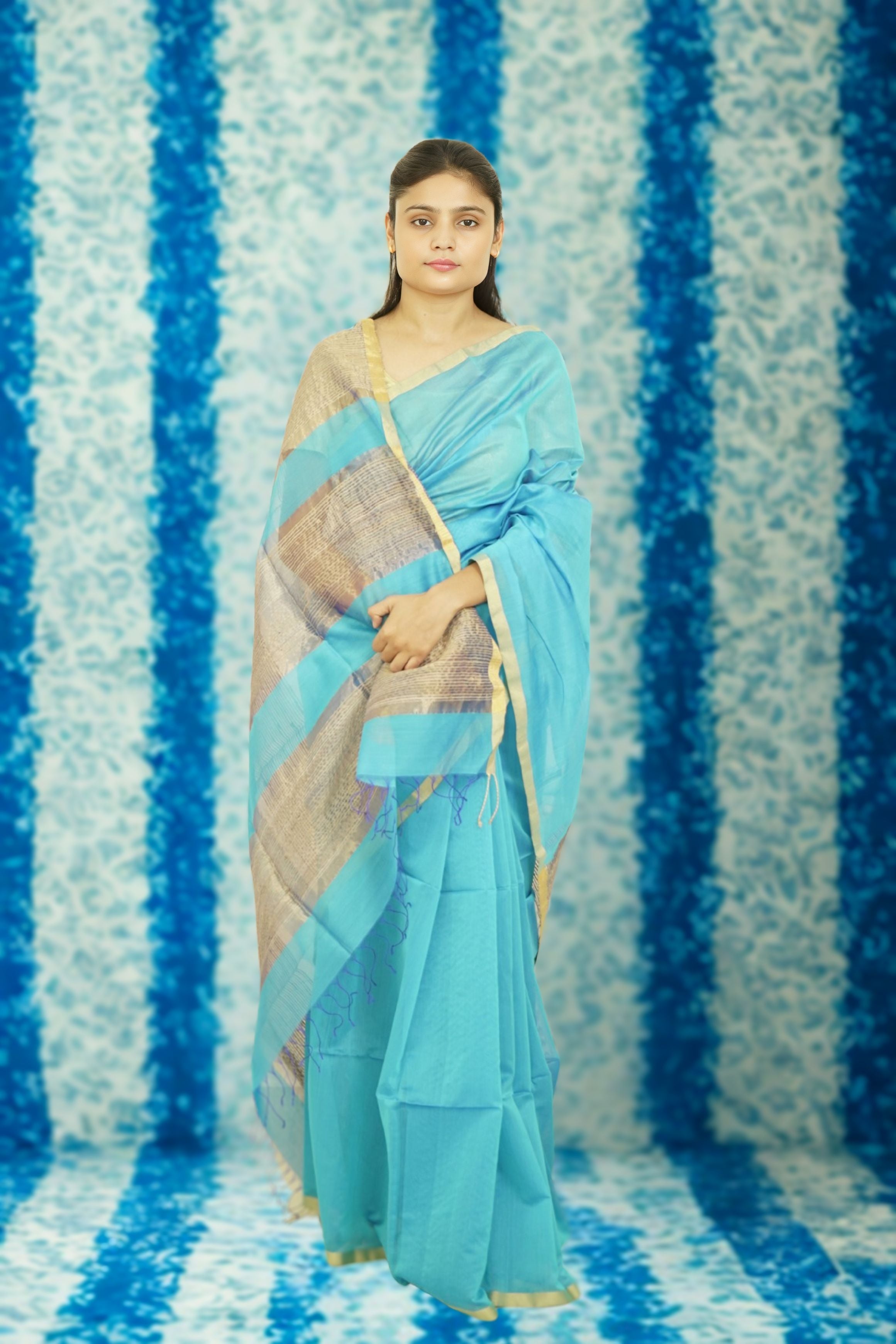 Maheshwari Kosa Pallu Silk Cotton Saree – Sky Blue | Traditional Handloom Weave