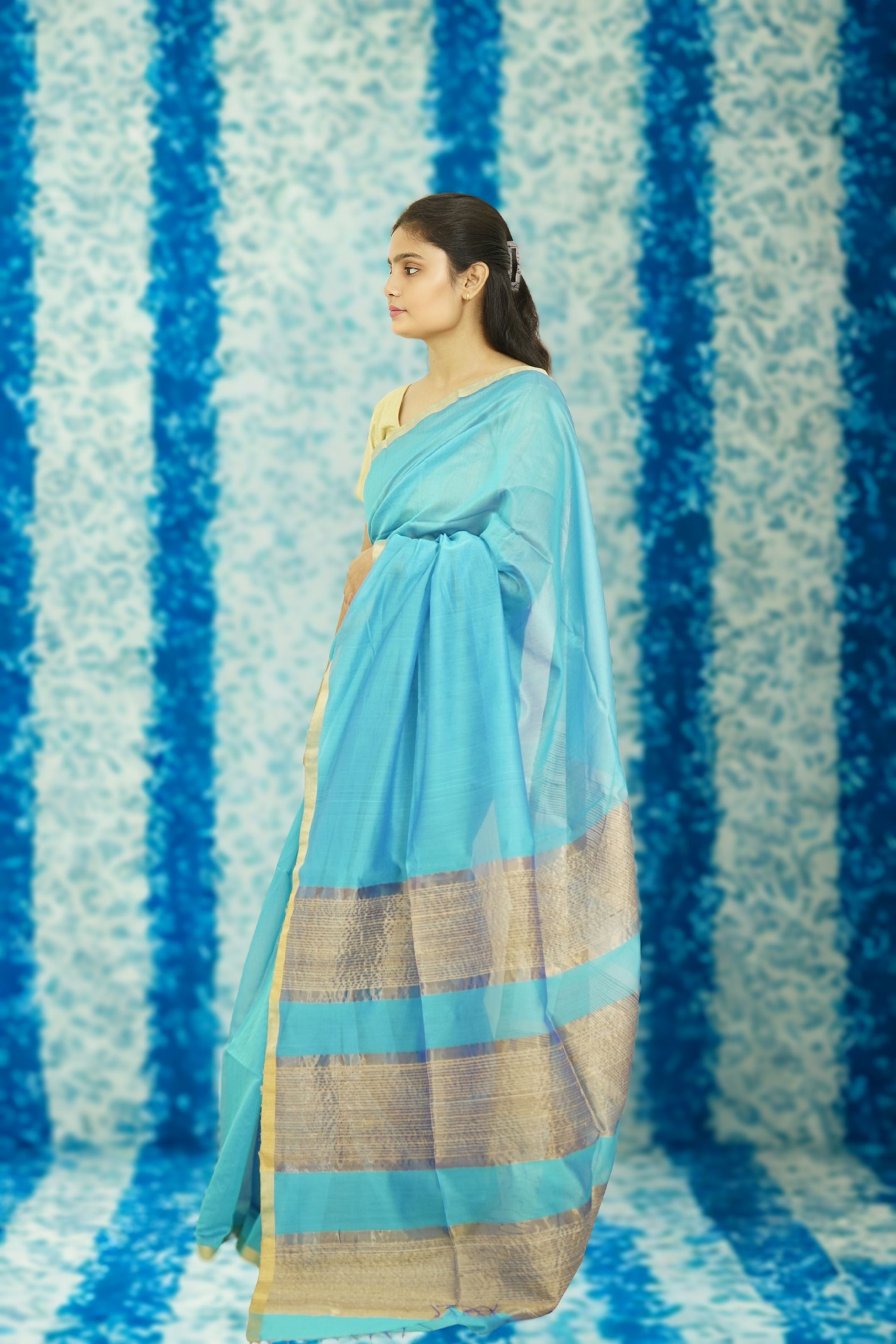 Maheshwari Kosa Pallu Silk Cotton Saree – Sky Blue | Traditional Handloom Weave
