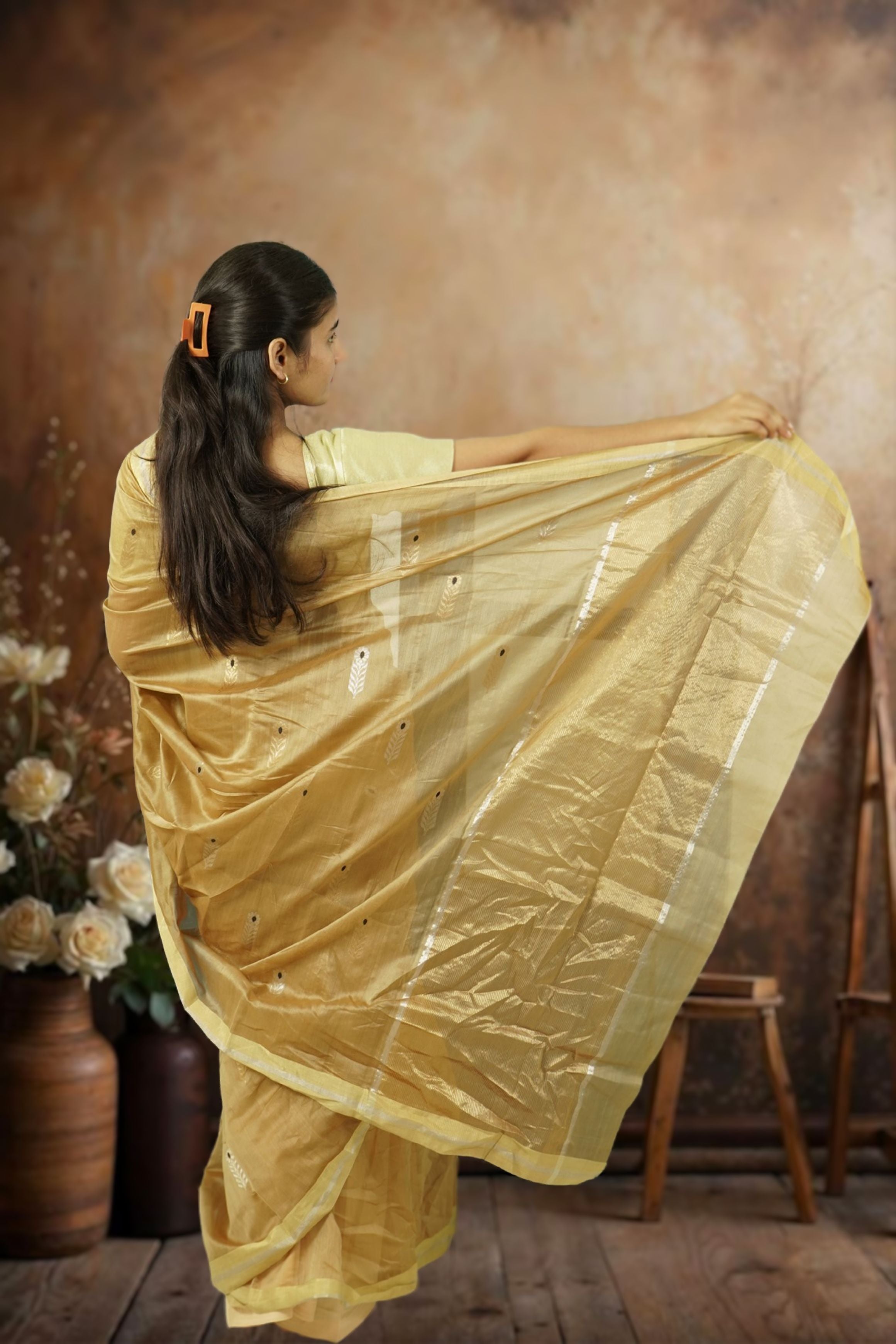 Chanderi Zariboota Saree – Golden | Lightweight Festive Wear