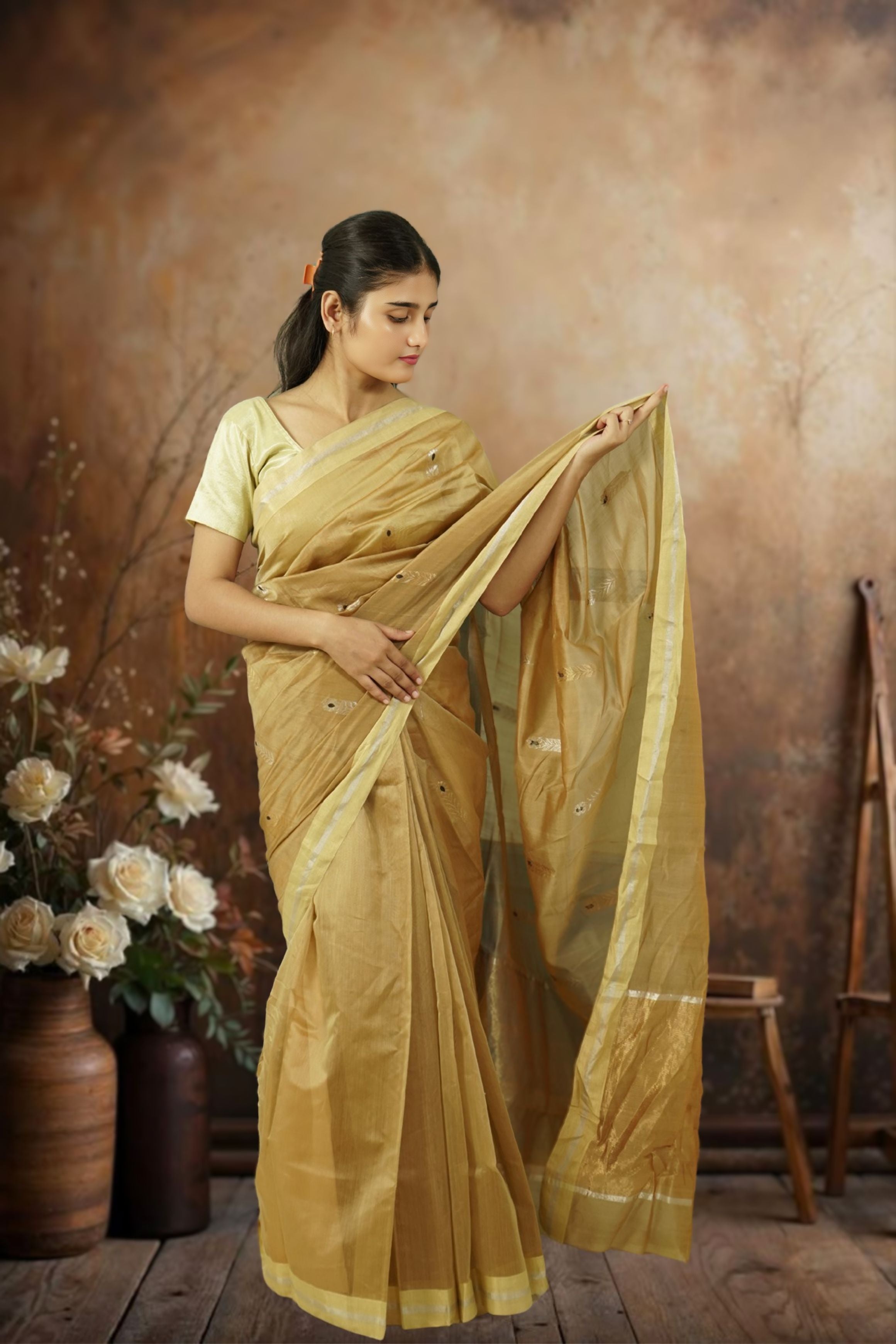 Chanderi Zariboota Saree – Golden | Lightweight Festive Wear