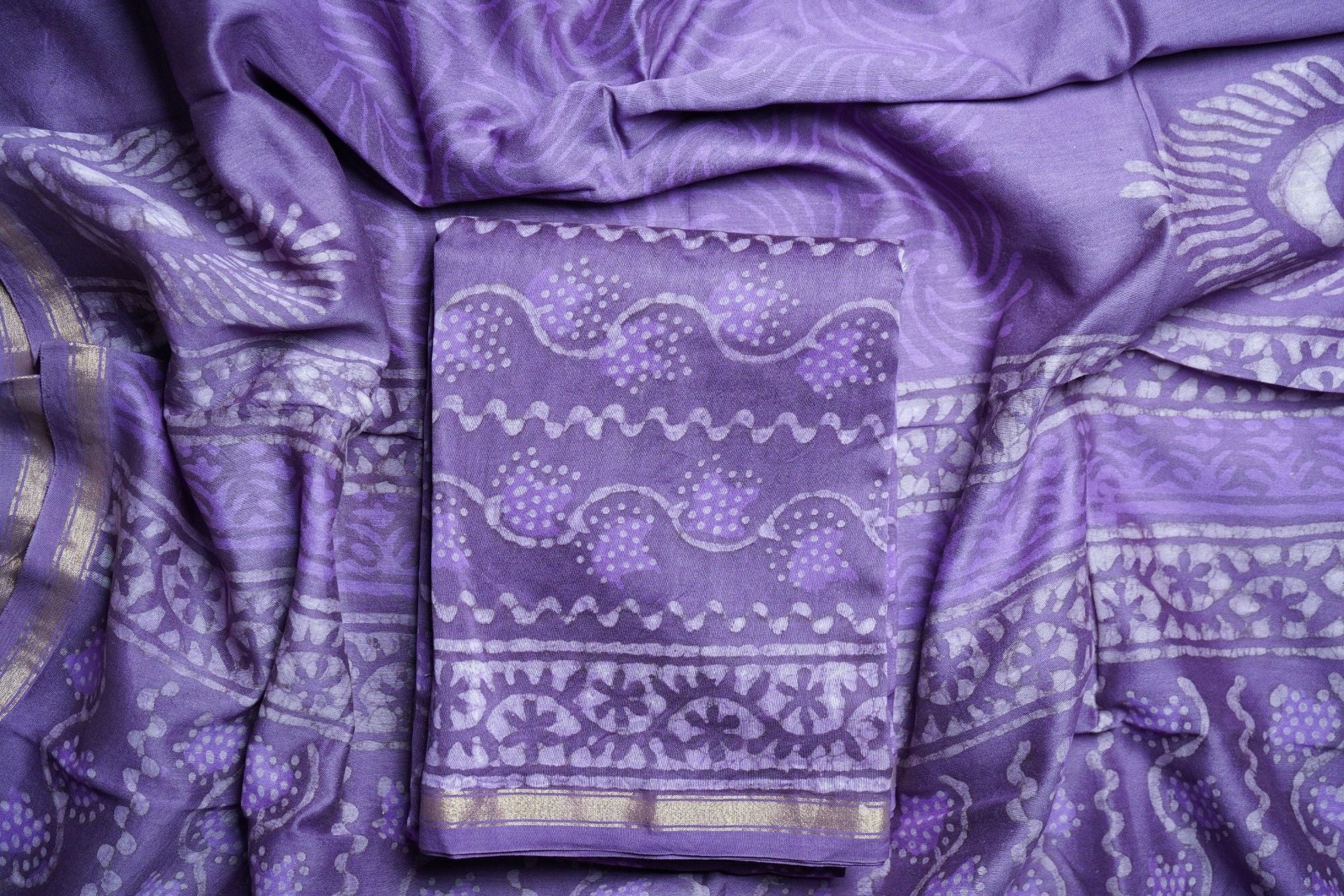 Chanderi Cotton Silk Indigo Print Suit- Purple