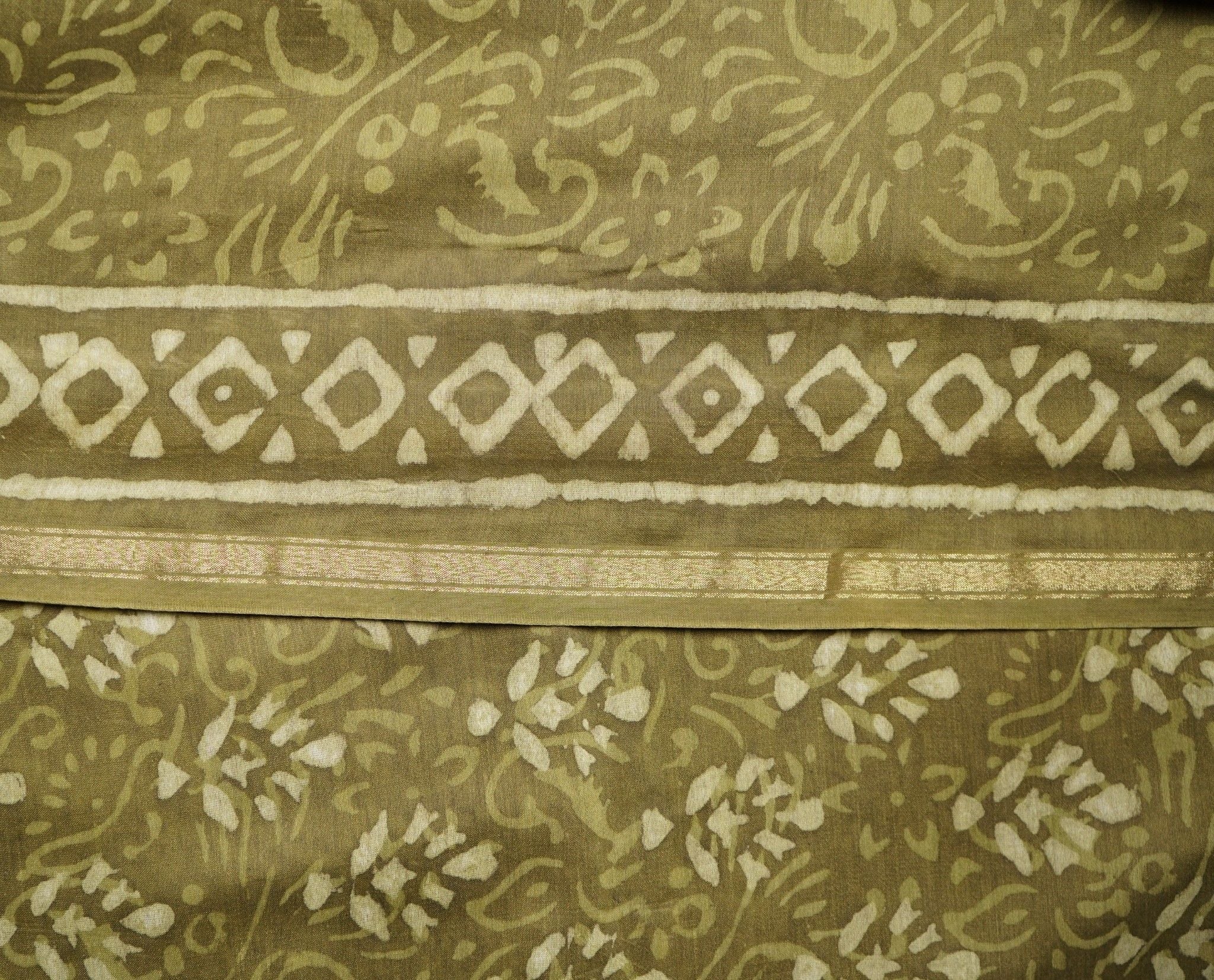 Chanderi Silk Cotton Dabu Print Suit - Dark Olive Green