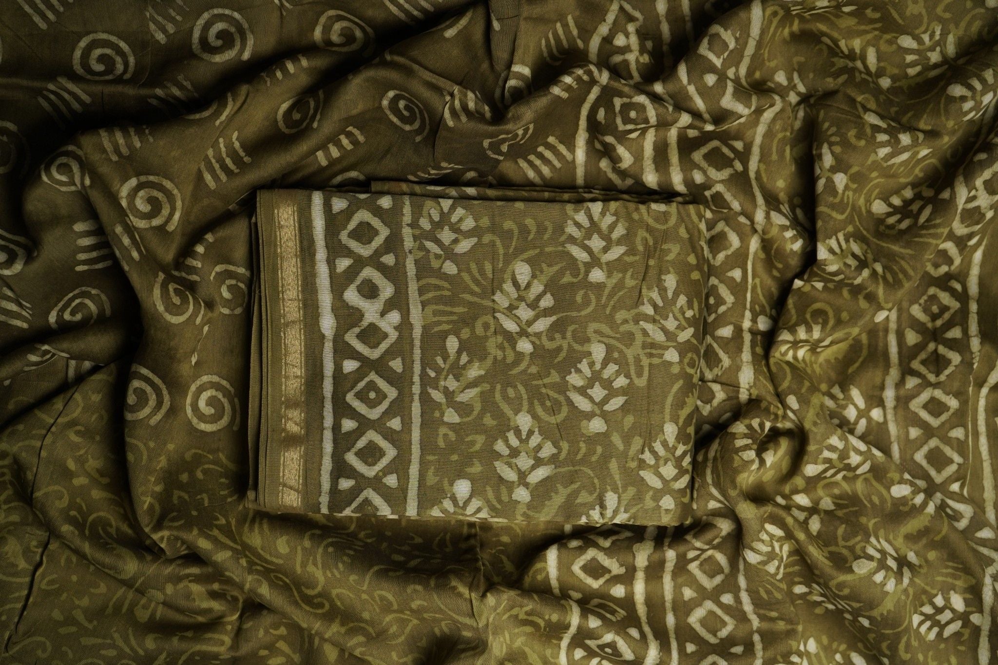 Chanderi Silk Cotton Dabu Print Suit - Dark Olive Green