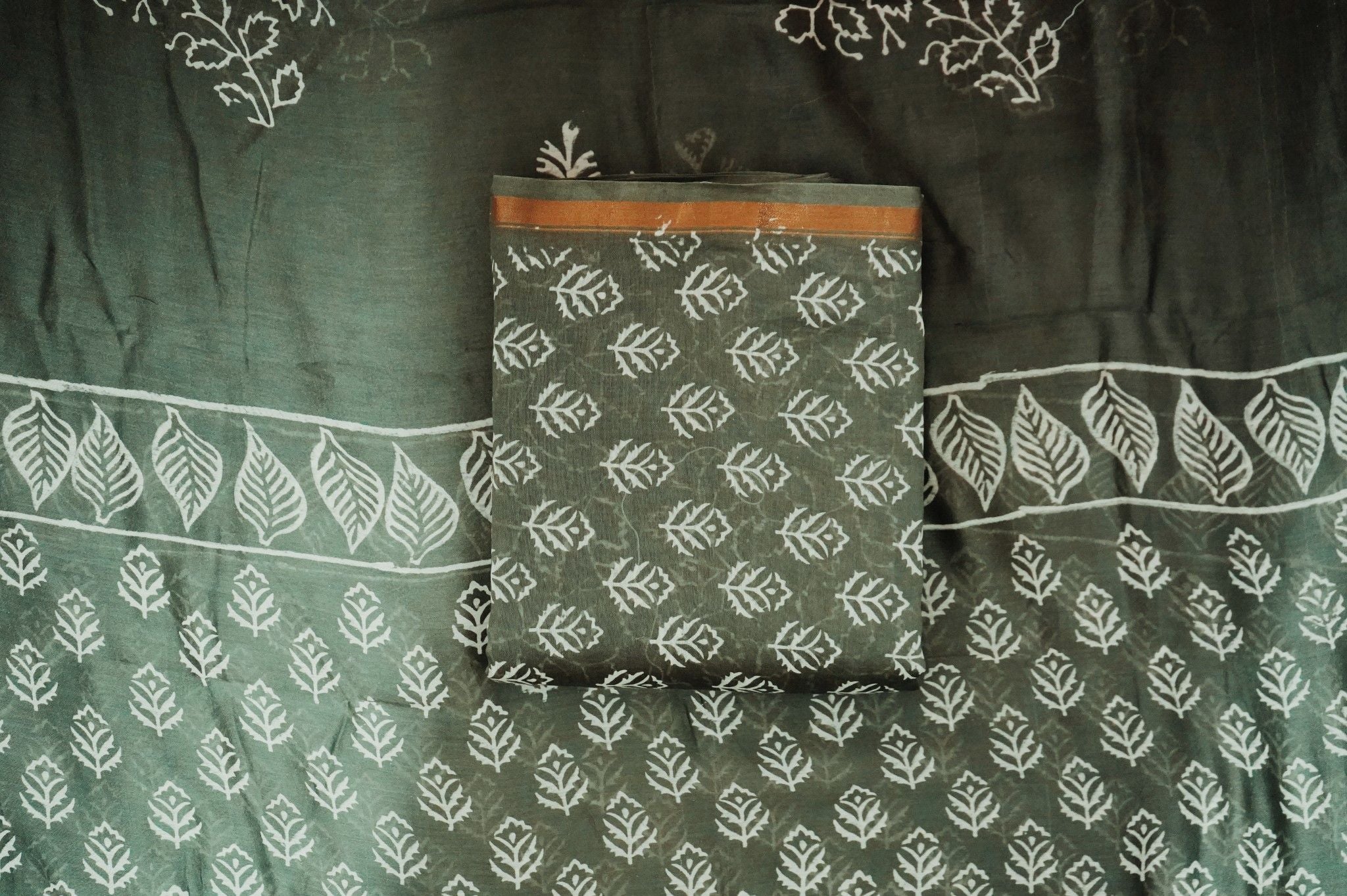 Chanderi Silk Dabu Print Suit – Dark Olive Green