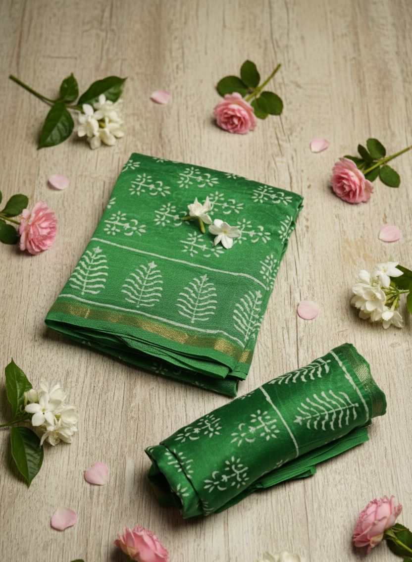 Chanderi Silk Cotton Dabu Print Suit- Forest Green