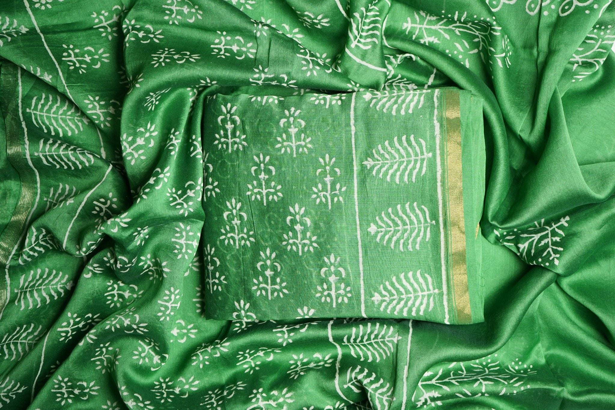 Chanderi Silk Cotton Dabu Print Suit- Forest Green