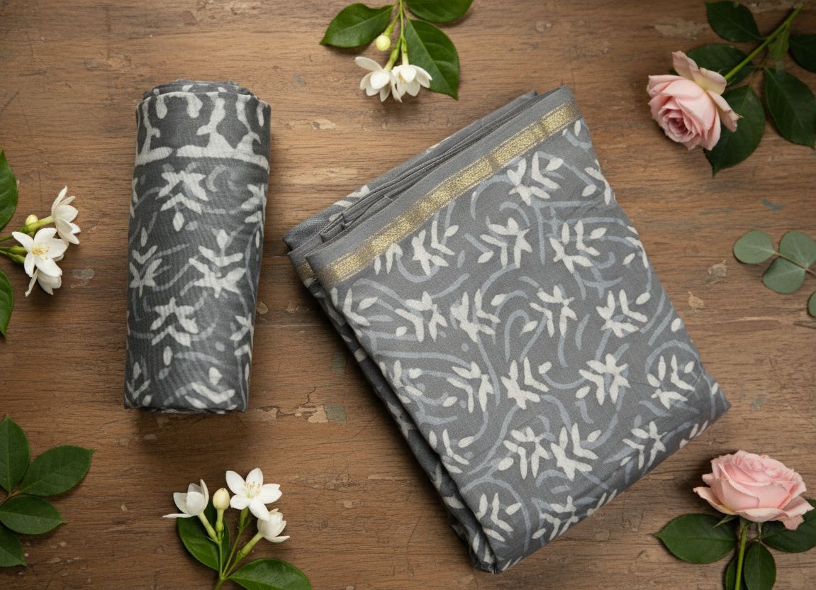 Chanderi Cotton Silk Indigo Print Suit – Gray