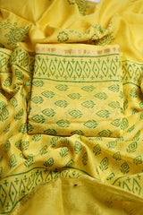 Premium Chanderi Silk Cotton 3-Piece Unstitched Suit Set – Yellow