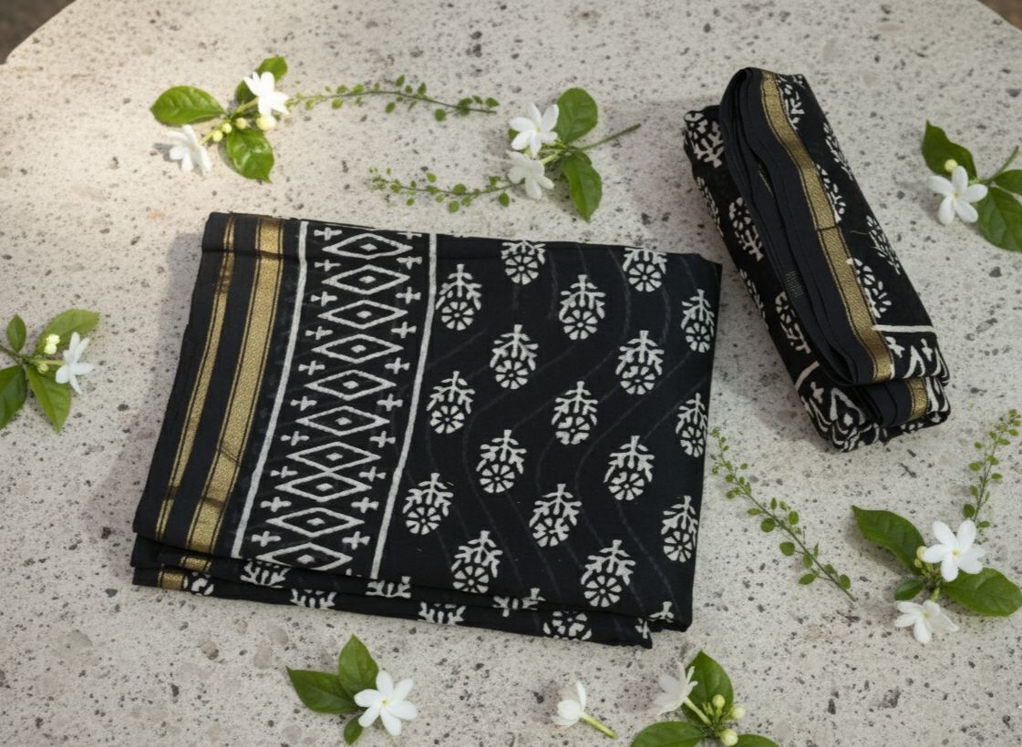 Chanderi Silk Cotton Dabu Print Suit – Black
