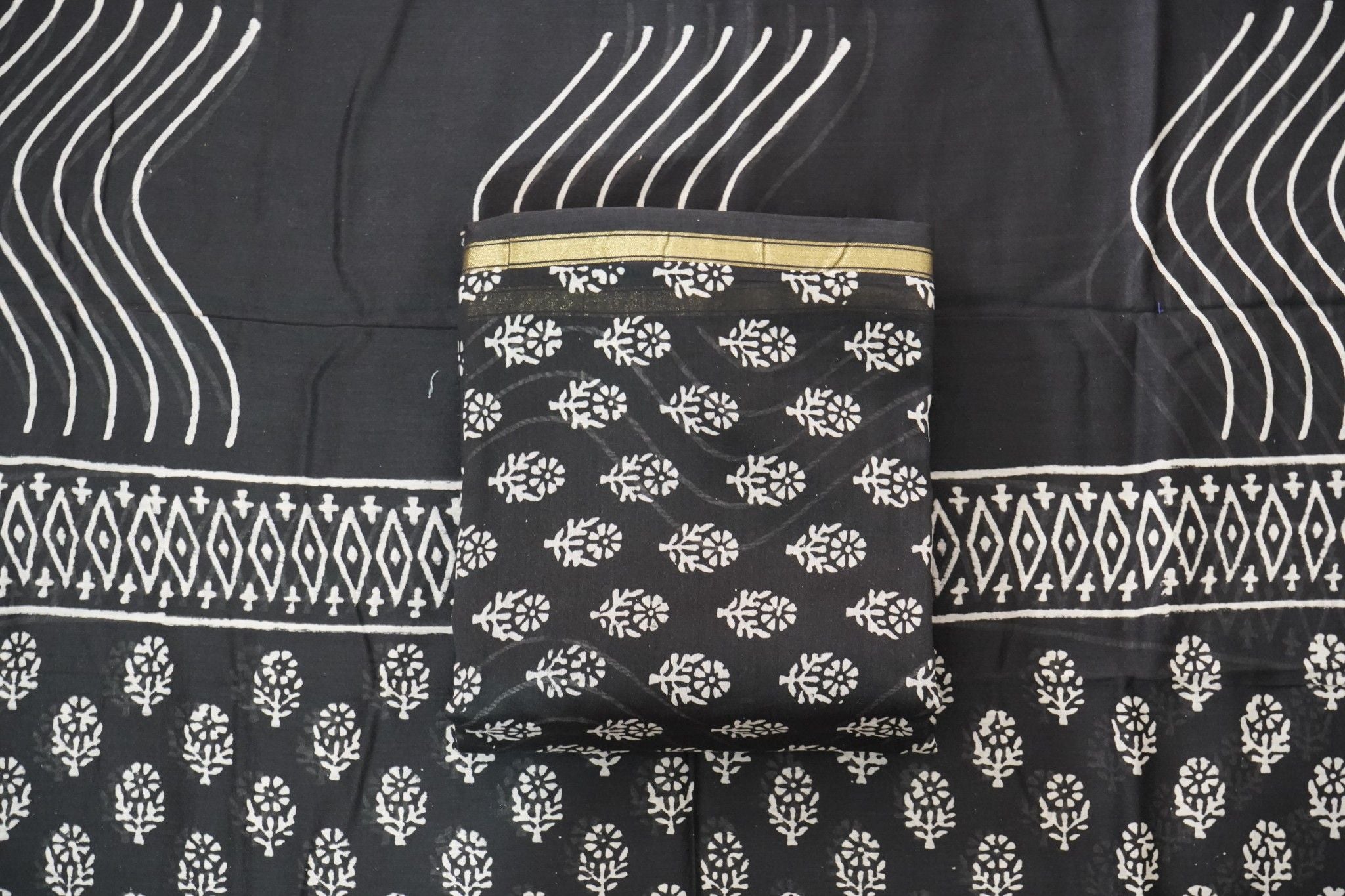 Chanderi Silk Cotton Dabu Print Suit – Black