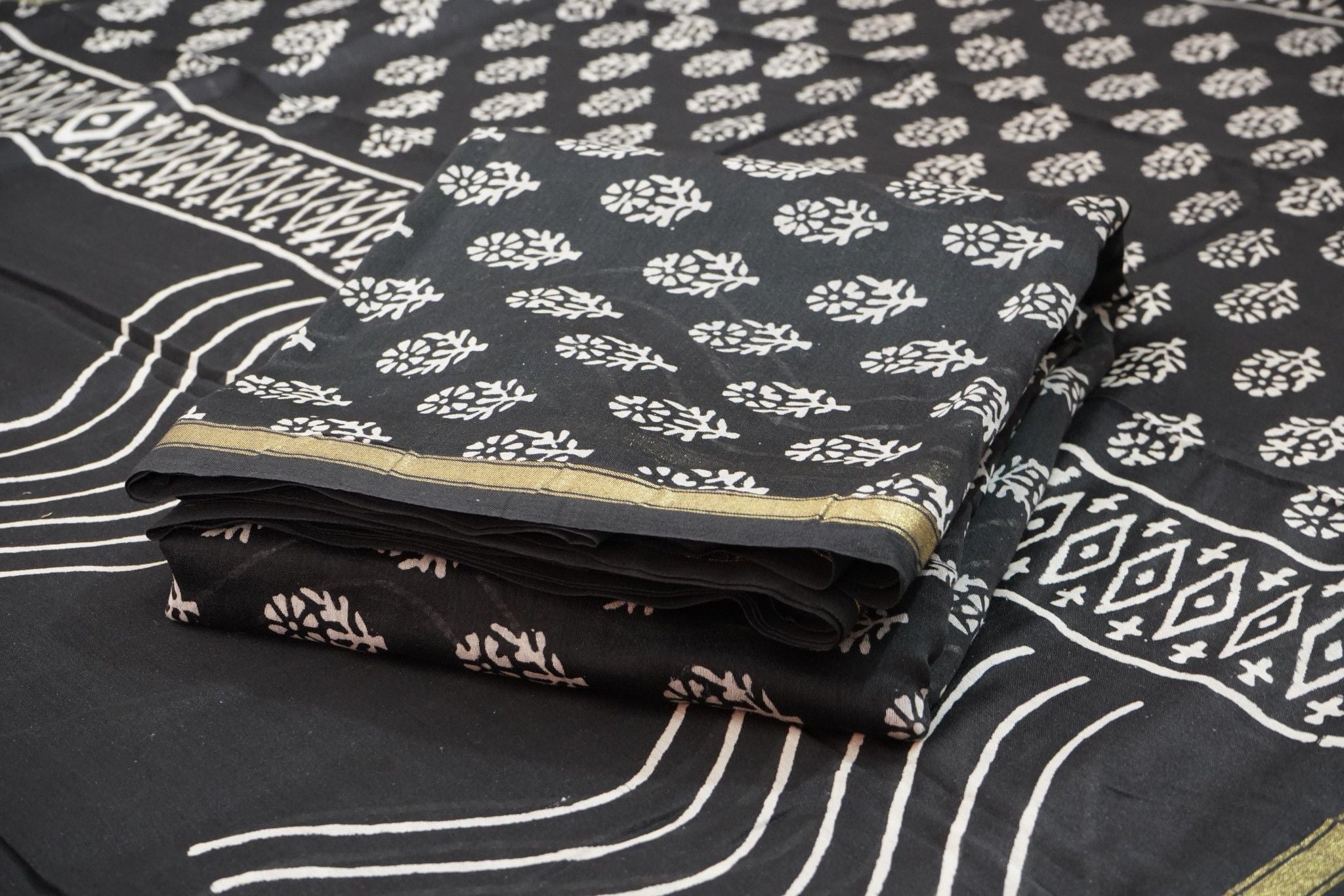 Chanderi Silk Cotton Dabu Print Suit – Black