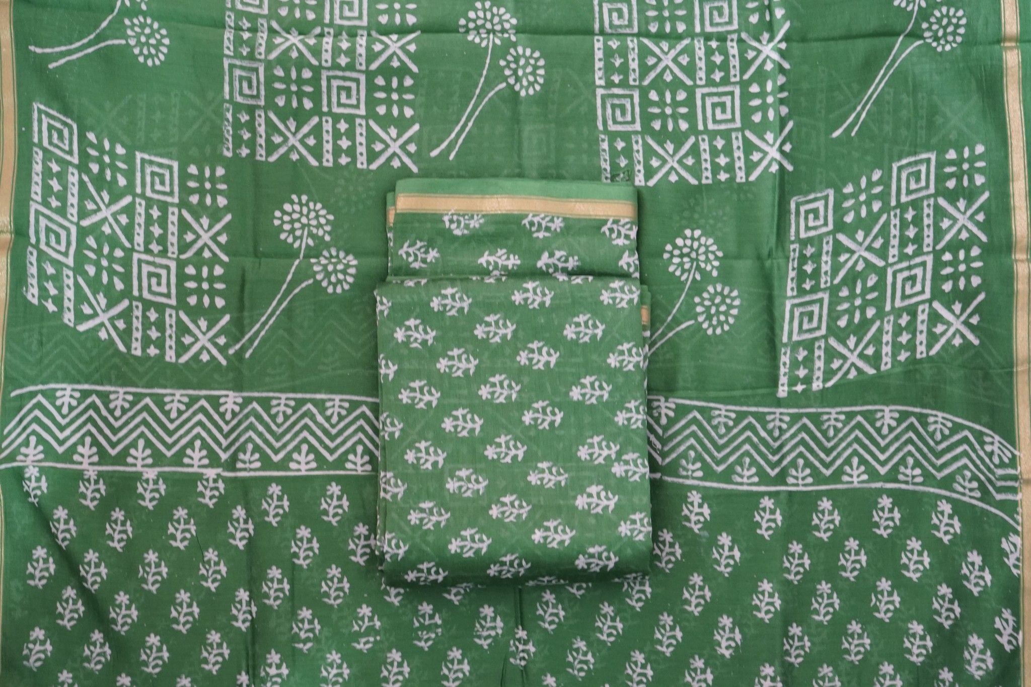 Chanderi Silk Cotton Dabu Print Suit Set – Green