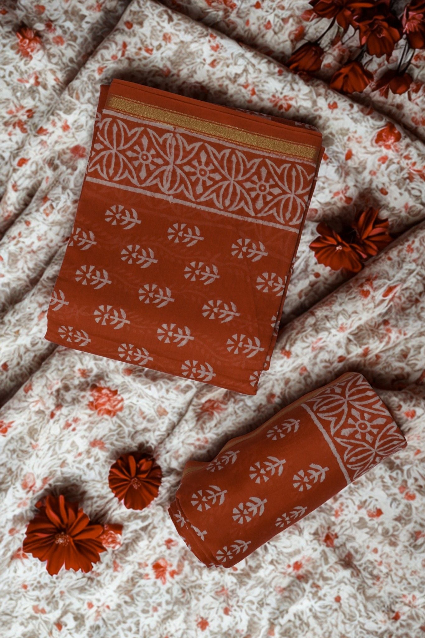 Chanderi Silk Cotton Dabu Print Suit – Orange