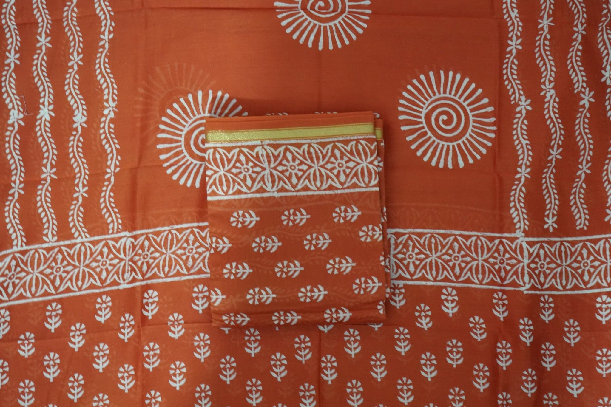 Chanderi Silk Cotton Dabu Print Suit – Orange