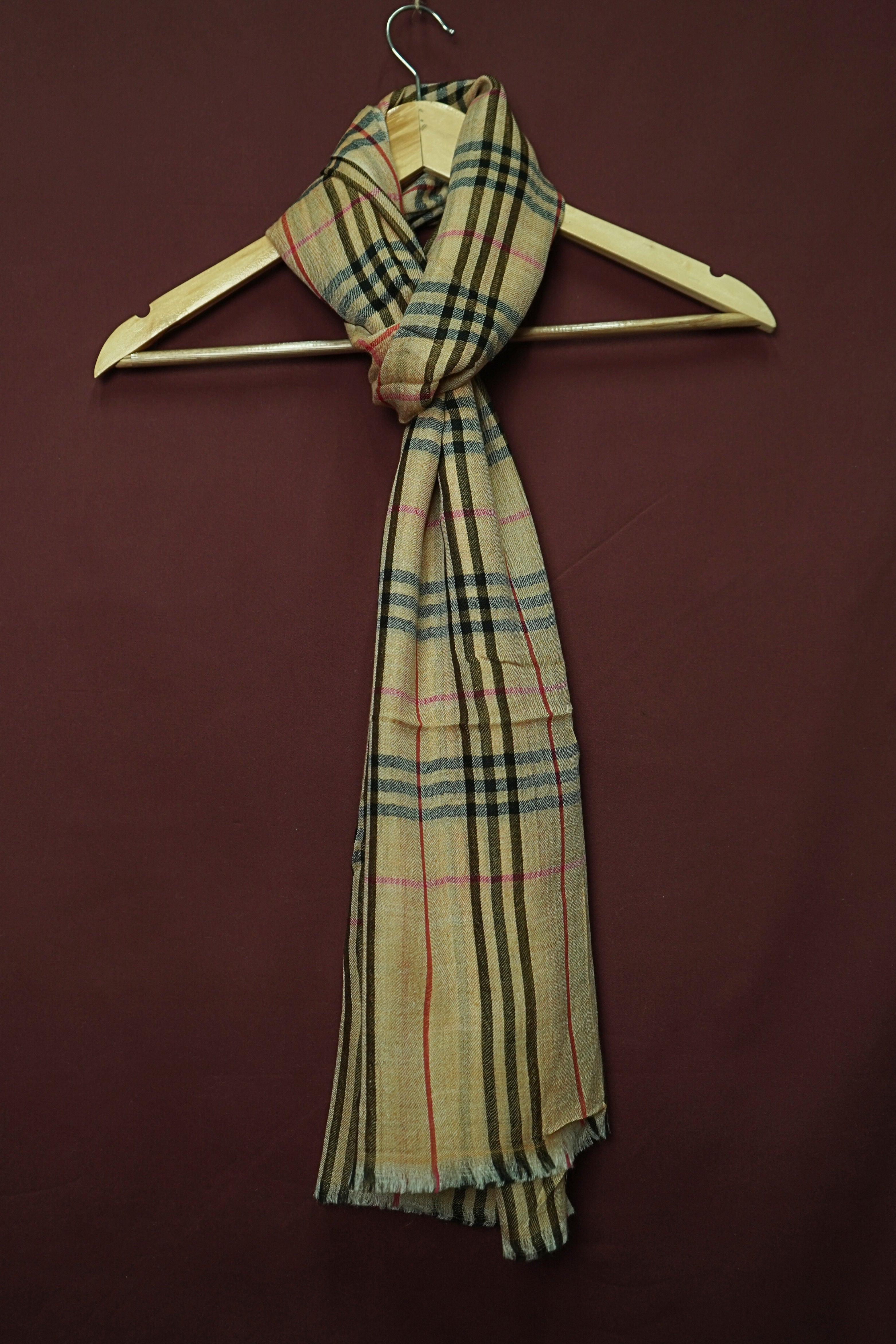 Pure Pashmina Cream Shawl Classic Check Pattern