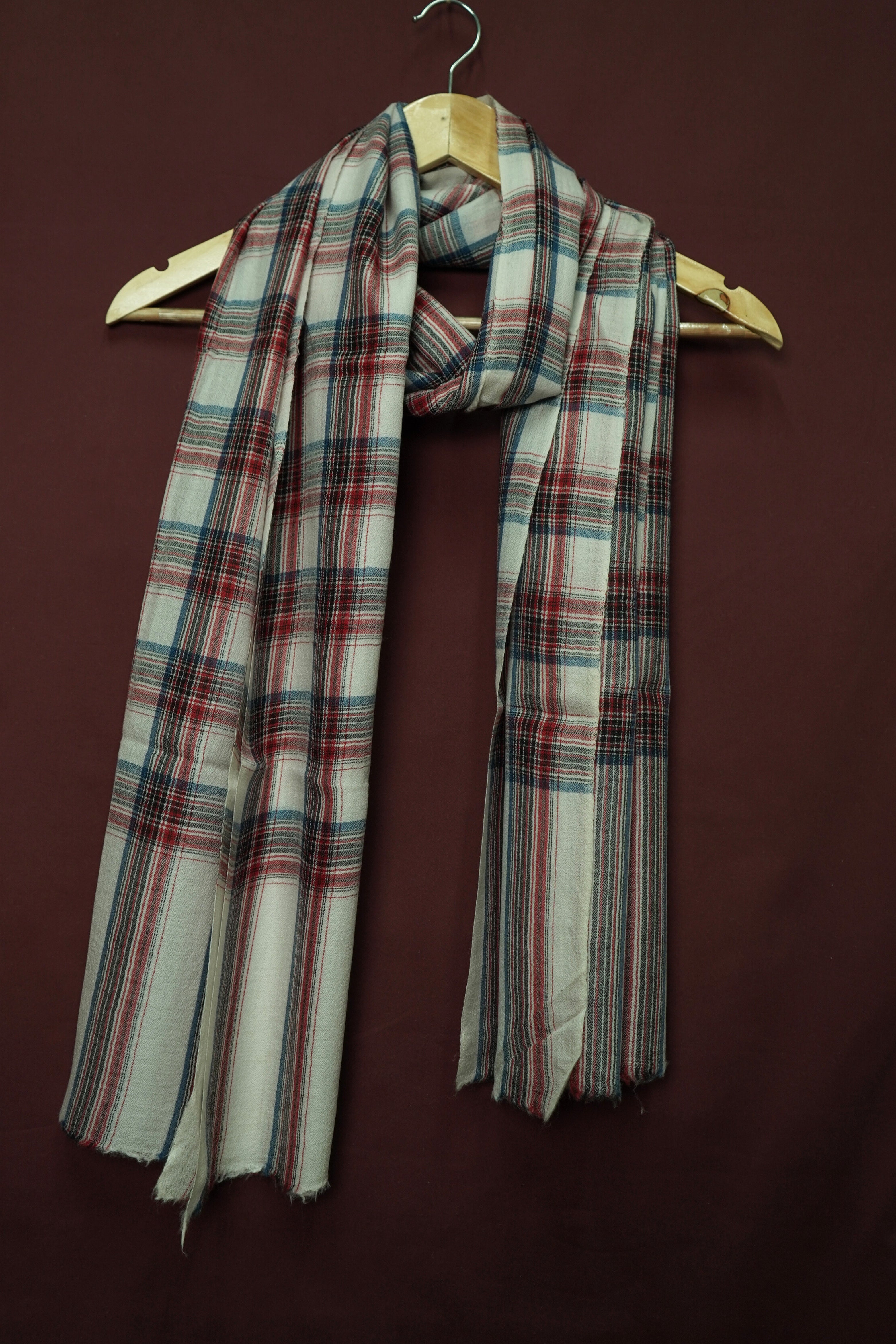 Pure Pashmina White Shawl with Red & Blue CheckClassic Checked Design