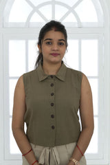 Boxy Fit Crop Shirt - Linen Cotton Blend Top