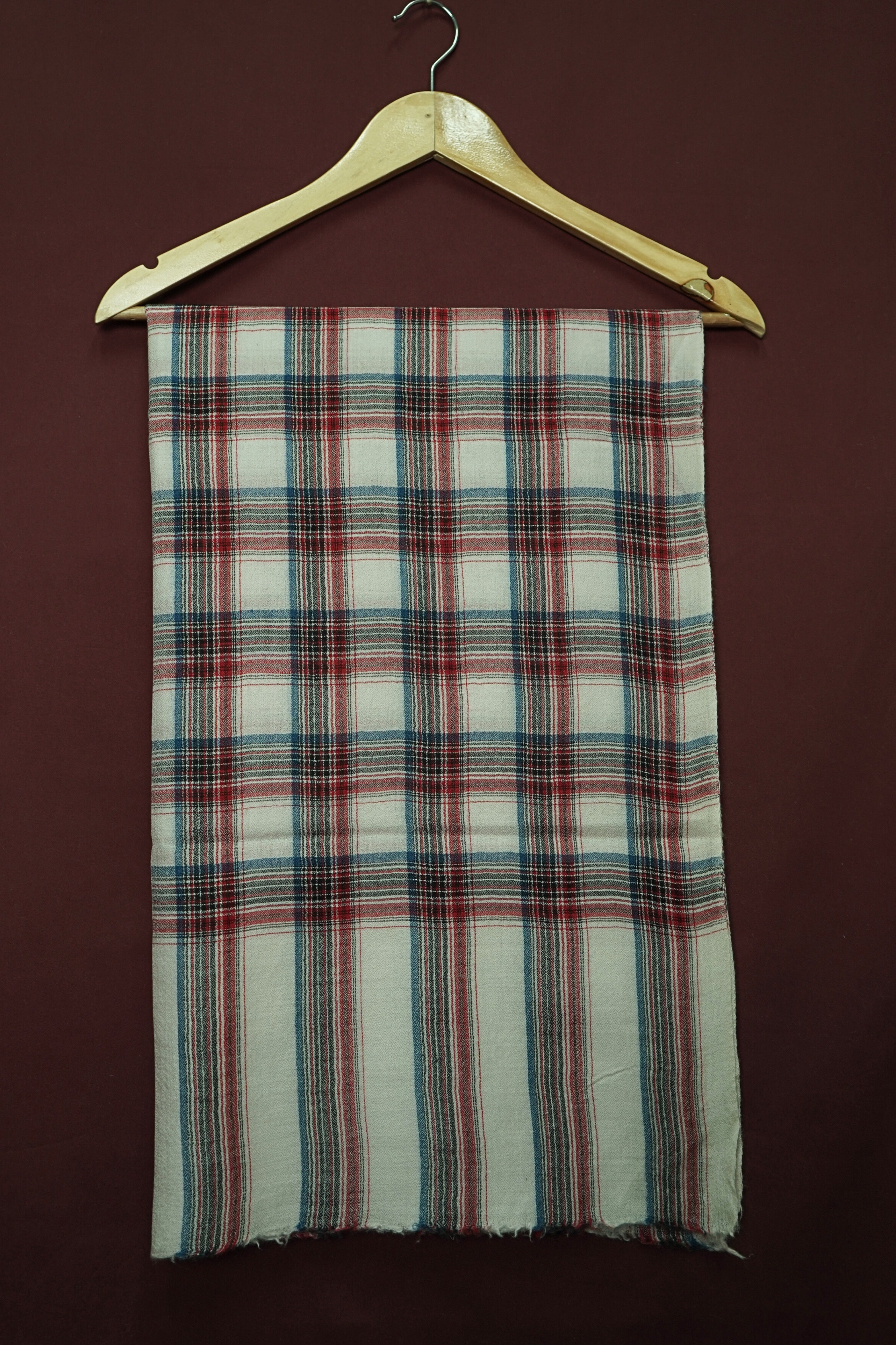 Pure Pashmina White Shawl with Red & Blue CheckClassic Checked Design