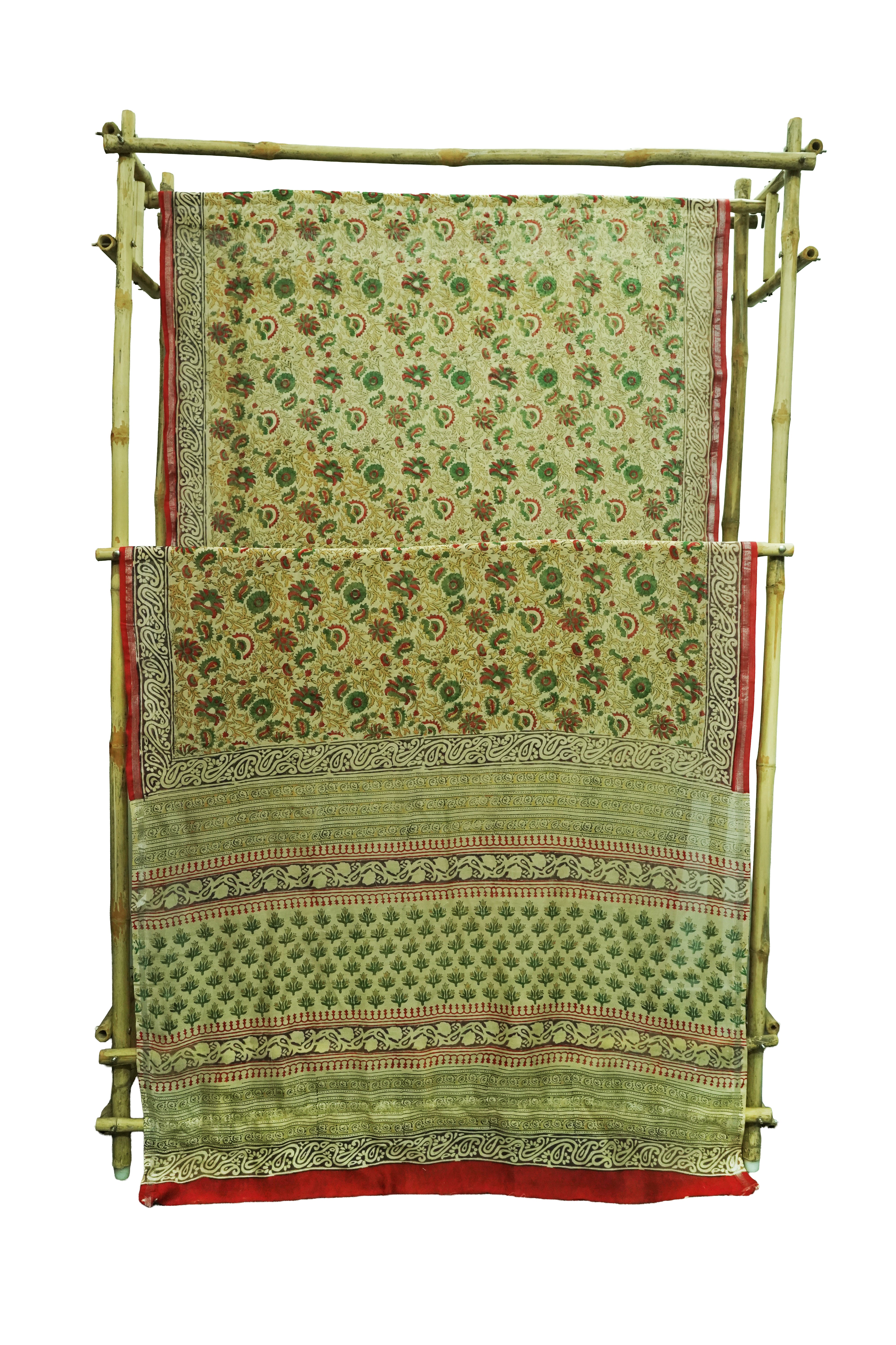 Elegant Beige & Olive Green Chanderi Cotton Silk Saree with Kalamkari Print