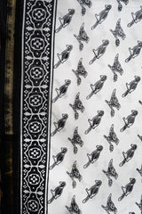 Black & White Chanderi Cotton Silk Artistic Bird Pattern Block Print Saree with Blouse Piece